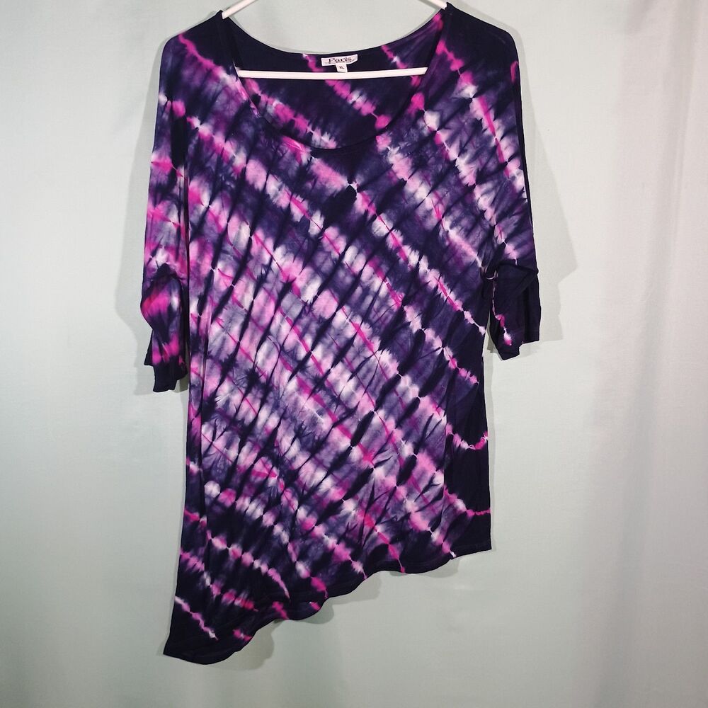 Tie Dye Tunic Top Women's Purple Pink Asymmetrical Hem 3/4 Sleeve Casual Shirt